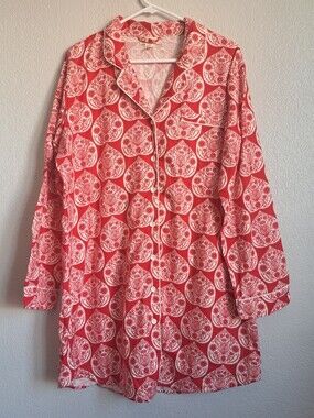 World Market Red White Bohemian Printed Button Down Longsleeve Night Gown L/XL